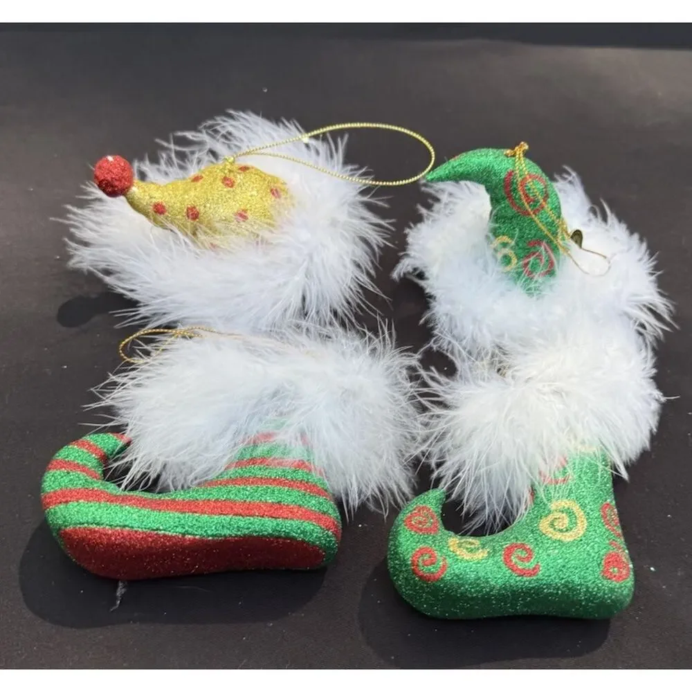 2 Vintage Department 56 Whimsical Elf Shoes & Hat Christmas ornaments -Lo10
